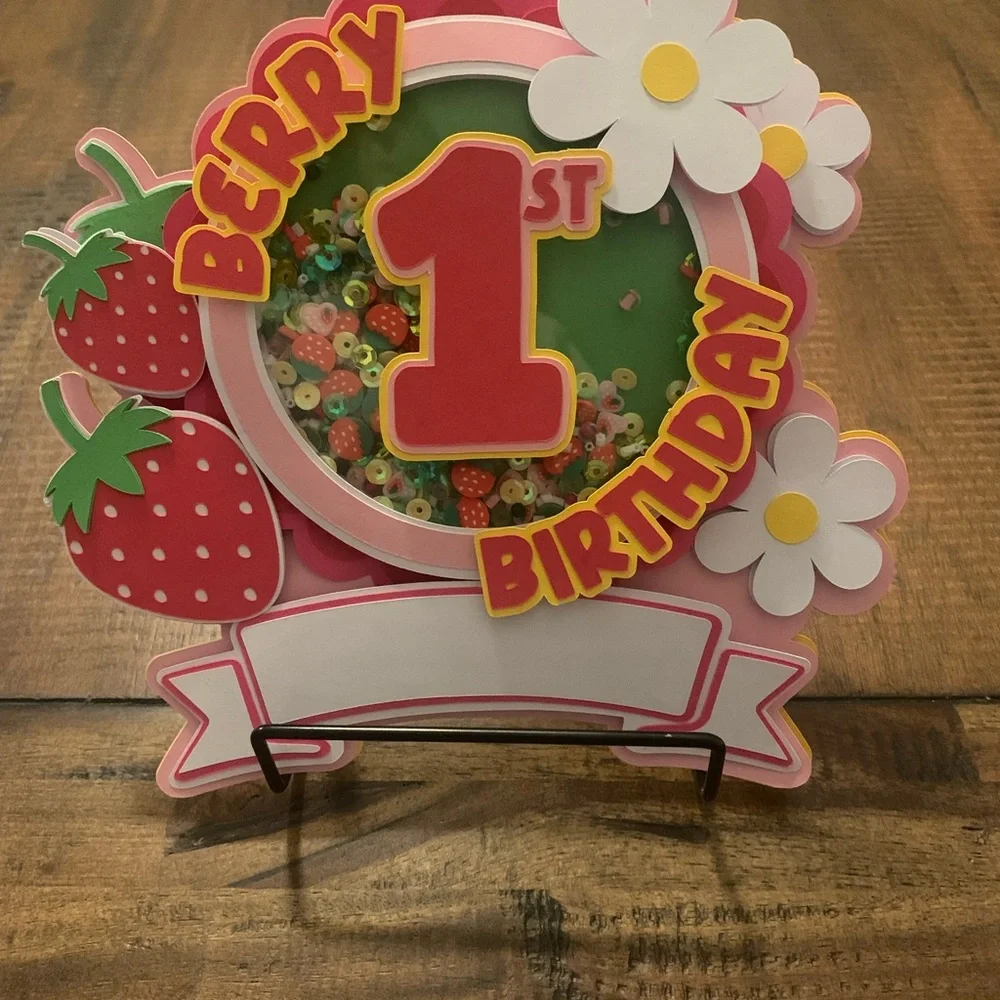 Berry 1st Birthday Shaker Cake Topper- Pink & Red